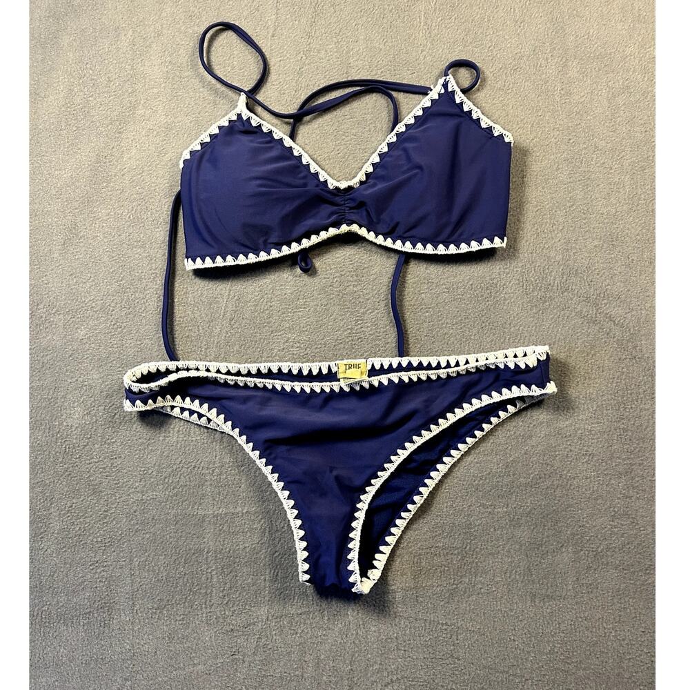 True Craft Large L Navy Blue White Crochet Trim Triangle Bikini Top Bottoms Set